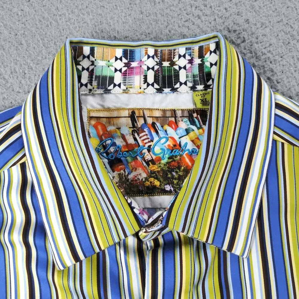 Robert Graham Shirt Mens XL Green Striped Classic Fit Flip Cuff Button Down